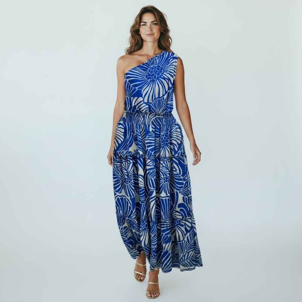 Taylor Maxi Floral Resort One Shoulder Party Guest Chiffon Flowy Dress 14 Blue